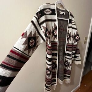 Cream and Black Geometric Pattern Cardigan Sweater